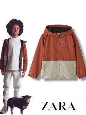 ZARA Kids Brown Beige Colorblock Ripstop Hooded Jacket NWT Size 14